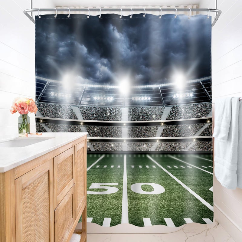 AMBZEK American Football Shower Curtain Boys Sports Bathroom Accessories 60Wx72L Men Masculine Shower Curtain Set Stadium Field Soccer Green Cloth Fabric Bathroom Decor Set with 12 Pack Hooks - Image 4